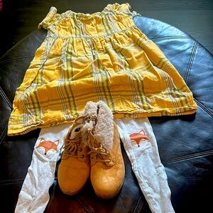 FabKids Yellow Plaid Dress Set with Fox Leggings and Boots